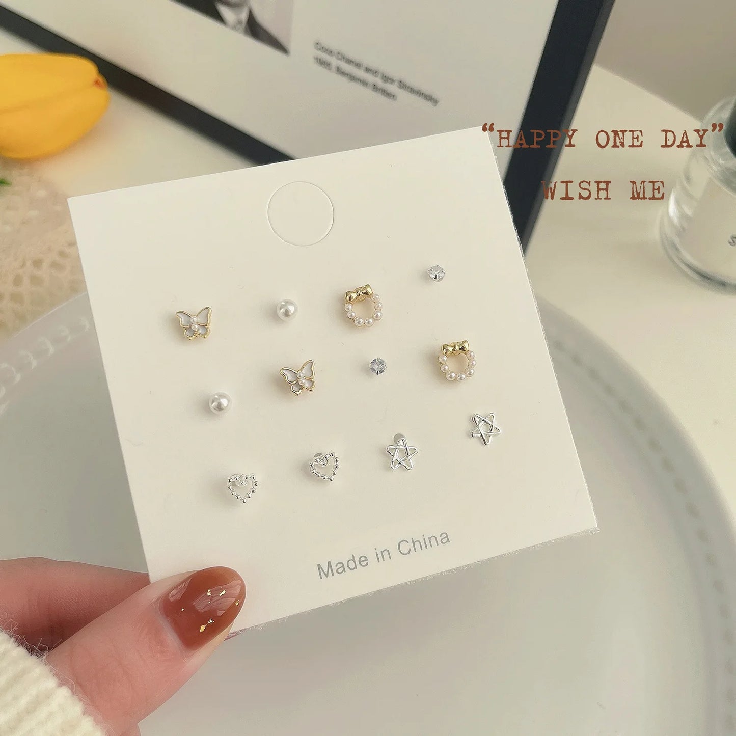 7 Pair/Set Korean Silver Color Fashion Geometric Female Small Earrings Multiple Pairs of Butterfly Cute Stud Earrings Jewelry