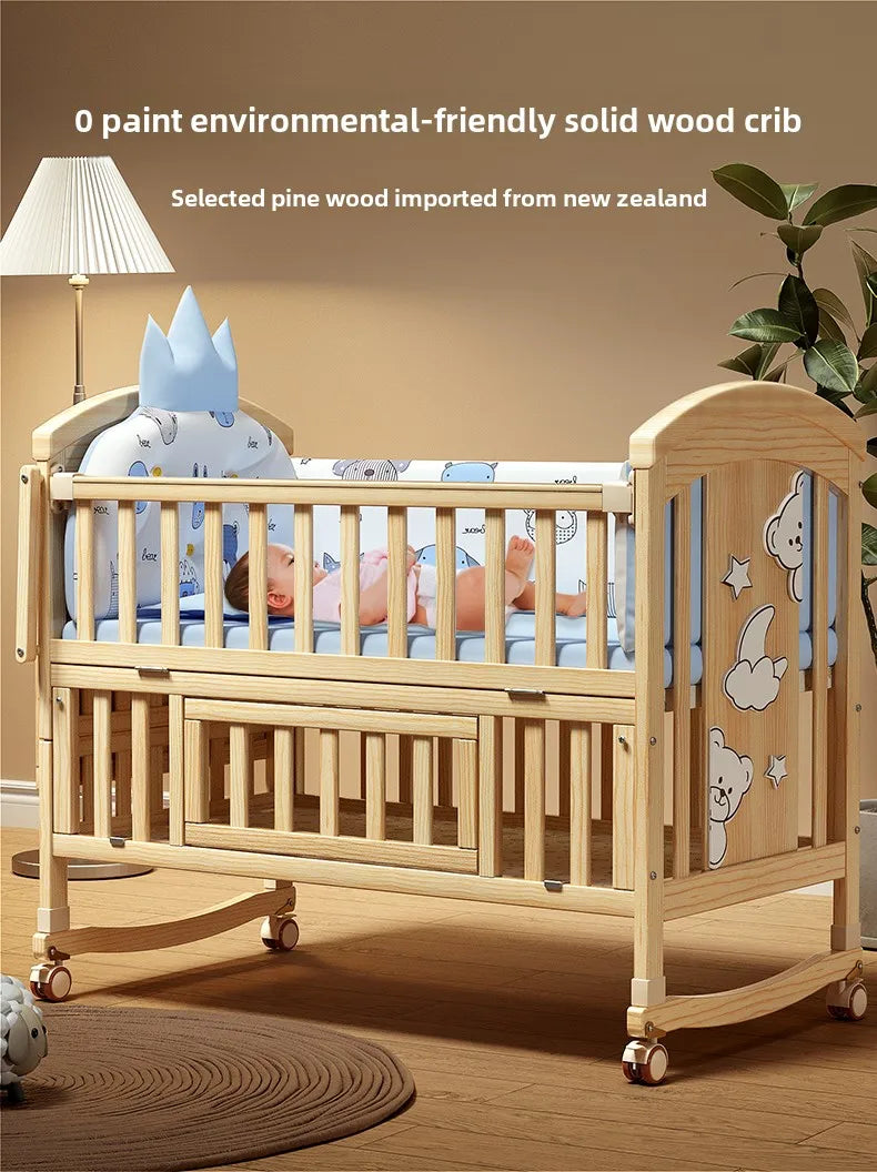 Crib Solid wood newborn baby cradle Multifunctional paint-free movable children's splicing bed air mattress 103 cm long