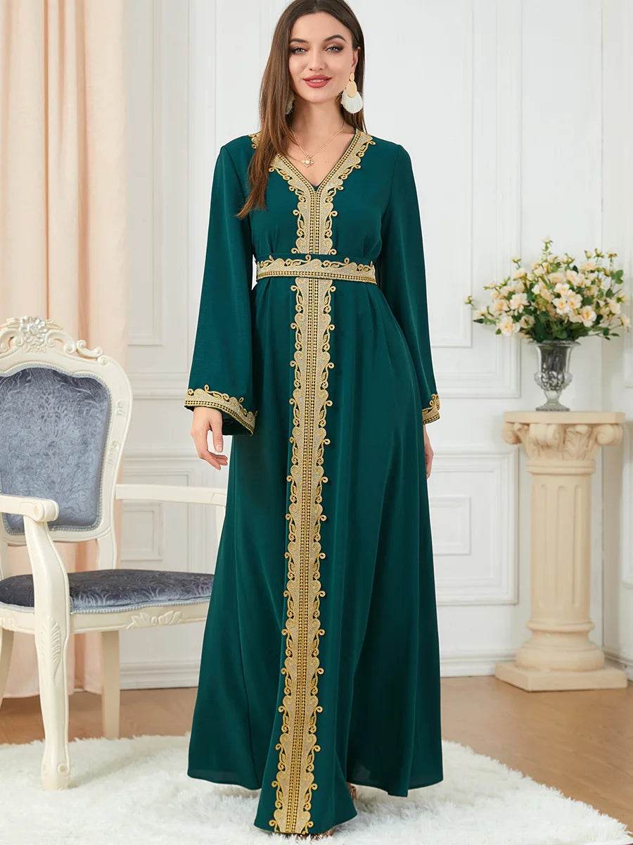 Muslim Women's Clothing Pure Color Splicing Basic Loose Embroidered Long Skirt Long Sleeve Dress - AIAZ