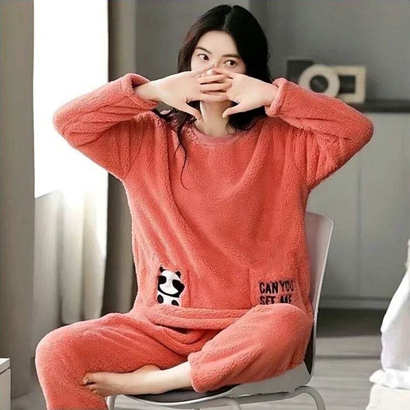 Women Pajamas Autumn Winter Flannel Warm Woman Sleepwear Korean cute Cartoon Pajama Set Fashion Pijama Mujer Home Cloth Pyjamas - AIAZ