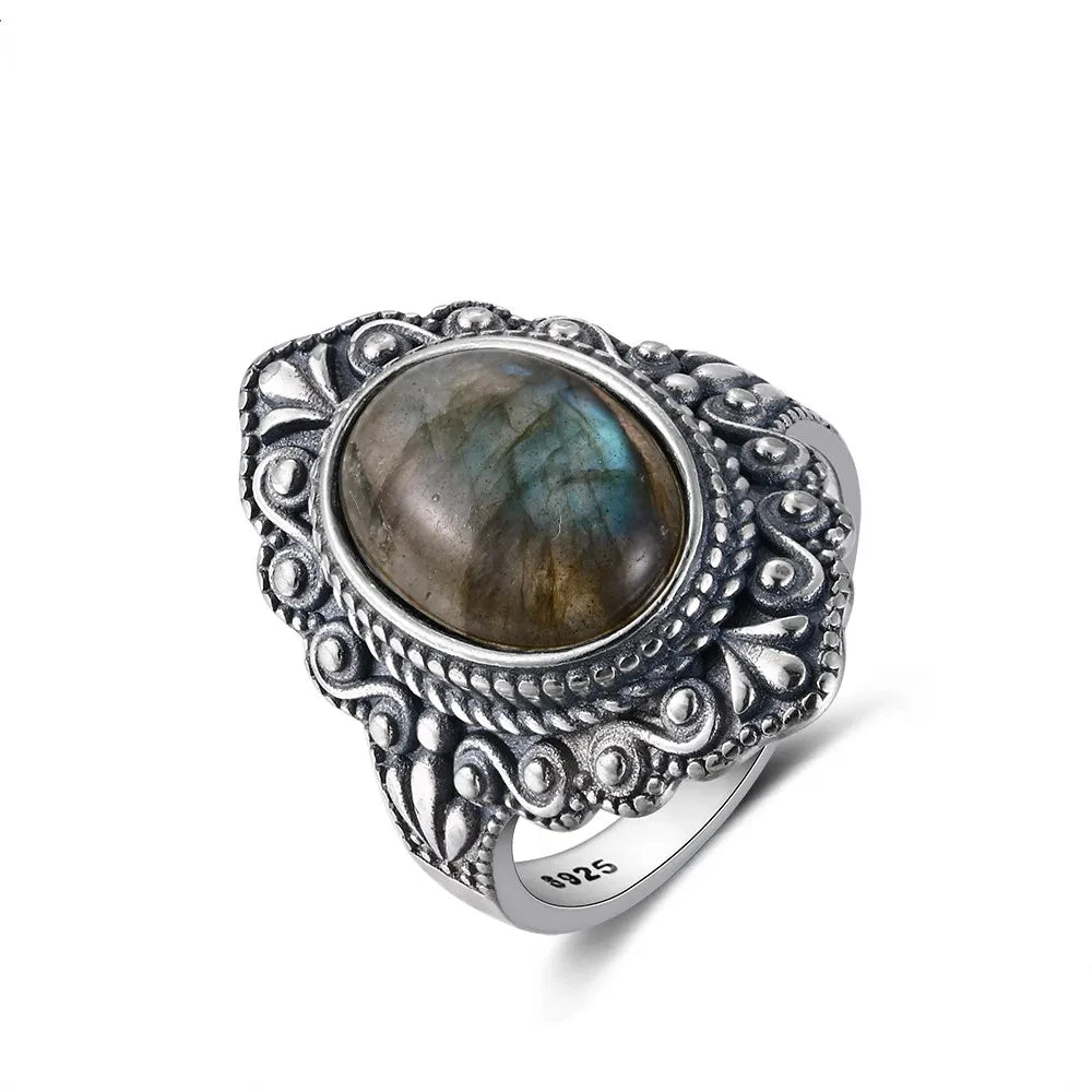 Retro Oval Natural Labradorite Rings for Women Men Silver Ring Finger Ring Retro Gemstone Rings Jewelry Party Gift