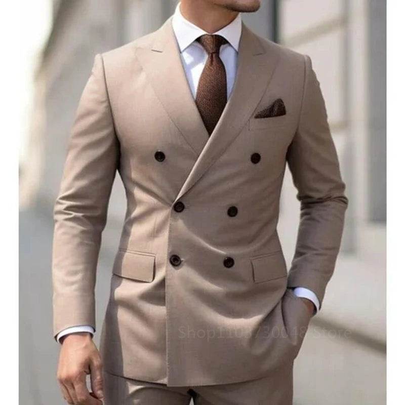 Solid 2 Pieces Men Suits Set Fashion New Men's Formal Business/Wedding Groom Suits Peak Lapel Double Breasted Blazer Trousers - AIAZ