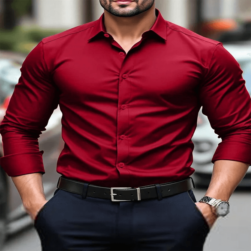 Men's classic formal navy blue dress shirt, long sleeve button down lapel shirt, slim fit, comfortable and soft - AIAZ