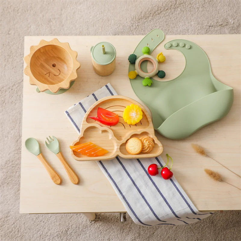7pcs Silicone Baby Feeding Set Baby Feeding Supplies Kids Bamboo Dinnerware With Cup Children's Dishes Bowl Stuff Tableware Gift
