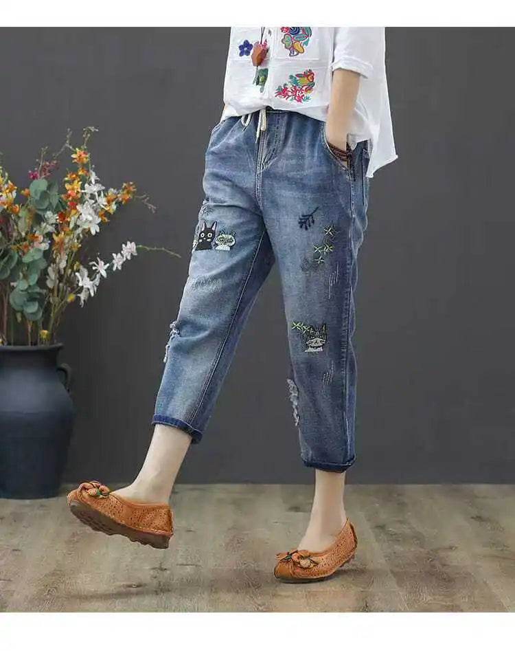 Womens Vintage Floral Loose Denim Pants 2025 Spring Chinese Style Casual Ripped Blue Jeans Holes Elastic Harem Trousers - AIAZ