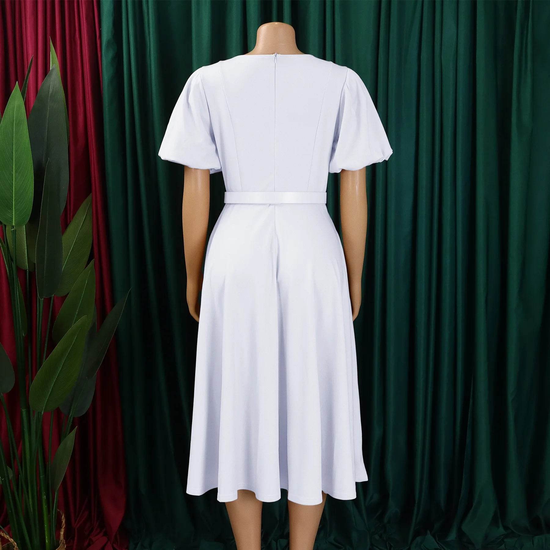 Elegant Office Dress for Women Professional O Neck Short Sleeve Belt Waisted A Line Mid Calf Formal Business Work Dress Midi New - AIAZ