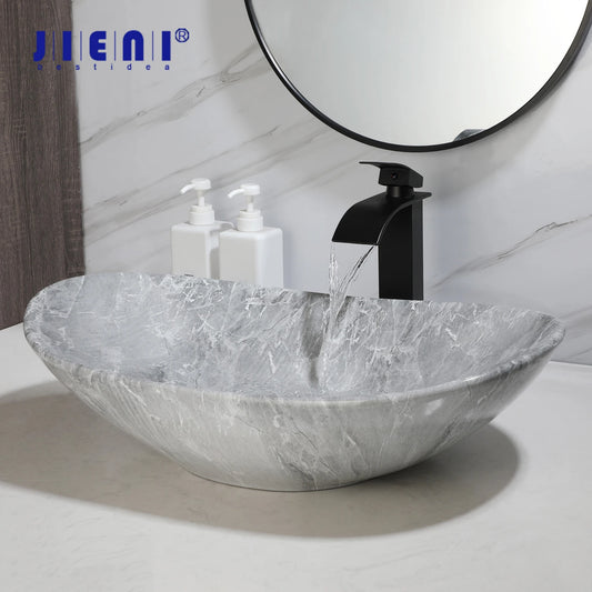 JIENI European Style Bathroom Sink Set Ceramic Washbasin Black Waterfall Faucet Pop Up Drain Combo Oval Counter Top Sinks
