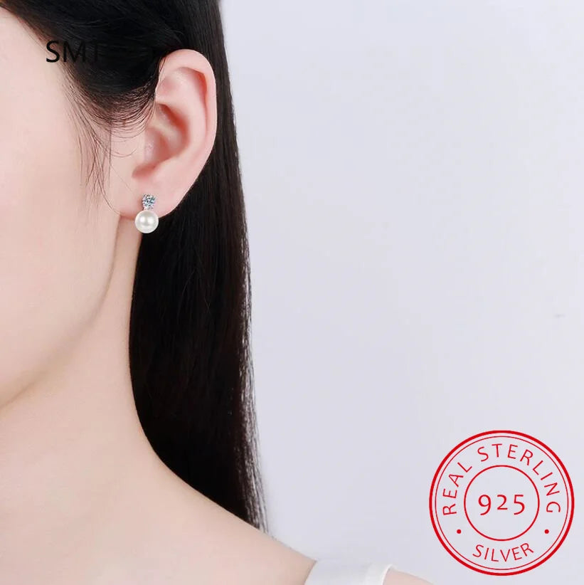 Trendy S925 Silver Natural Pearl Moissanite Earrings Women Jewelry Plated White Gold D Color Moissanite Stud Earrings