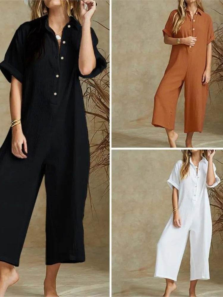 Summer Casual Workwear Jumpsuit Cotton And Linen Women's Trousers Spring Summer Elegant Office Lady Loose Simple Jumpsuits - AIAZ
