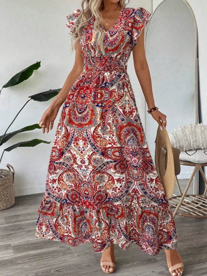 new dresses 2025 woman vestidos para mujer vintage dress Printed V-neck fashion dress Loose ruffle long dresses - AIAZ