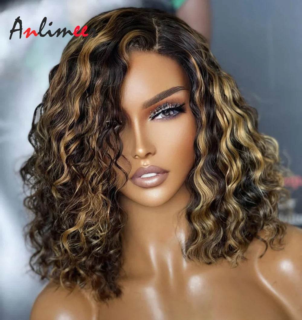 Silk Base Wig Strawberry Blone Highlight Wigs Short Curly Lace Front Wigs Human Hair Pre Pluncked With Baby Hair for Black Women - AIAZ