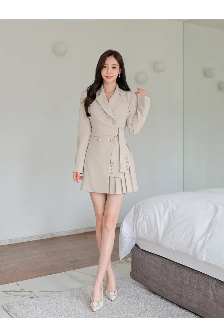 H Han Queen Autumn Winter Dresses Korean Lace-Up Professional Jacket Vestido Elegant Fashion Slim Office Party Casual Dress