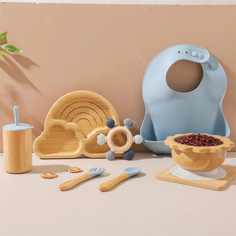 7pcs Silicone Baby Feeding Set Baby Feeding Supplies Kids Bamboo Dinnerware With Cup Children's Dishes Bowl Stuff Tableware Gift