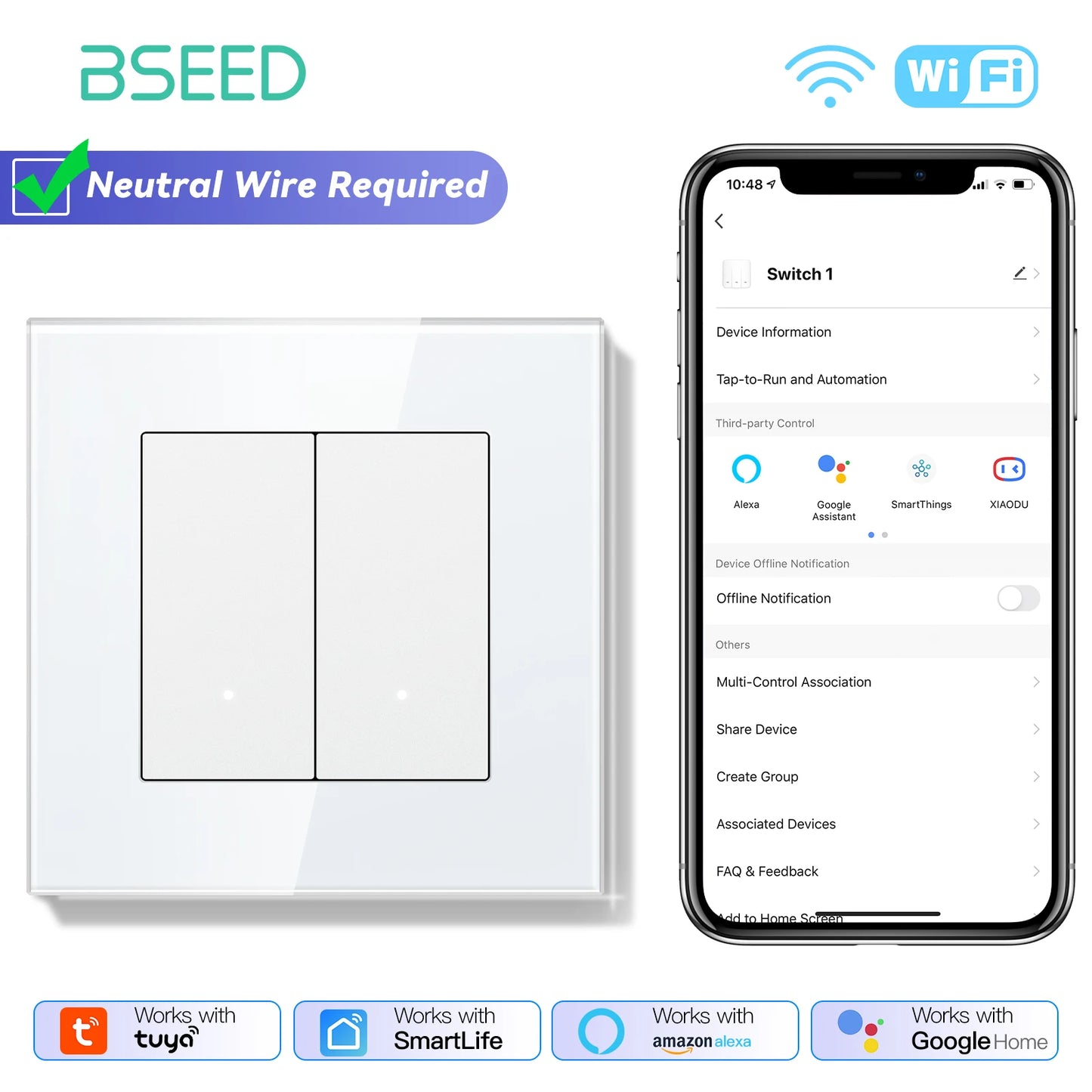 BSEED 1/2/3/4Gang 2Way WIFI Light Switch Smart Click Button Switch Glass Panel LED Indicator Support Tuya Smart Life Google Home