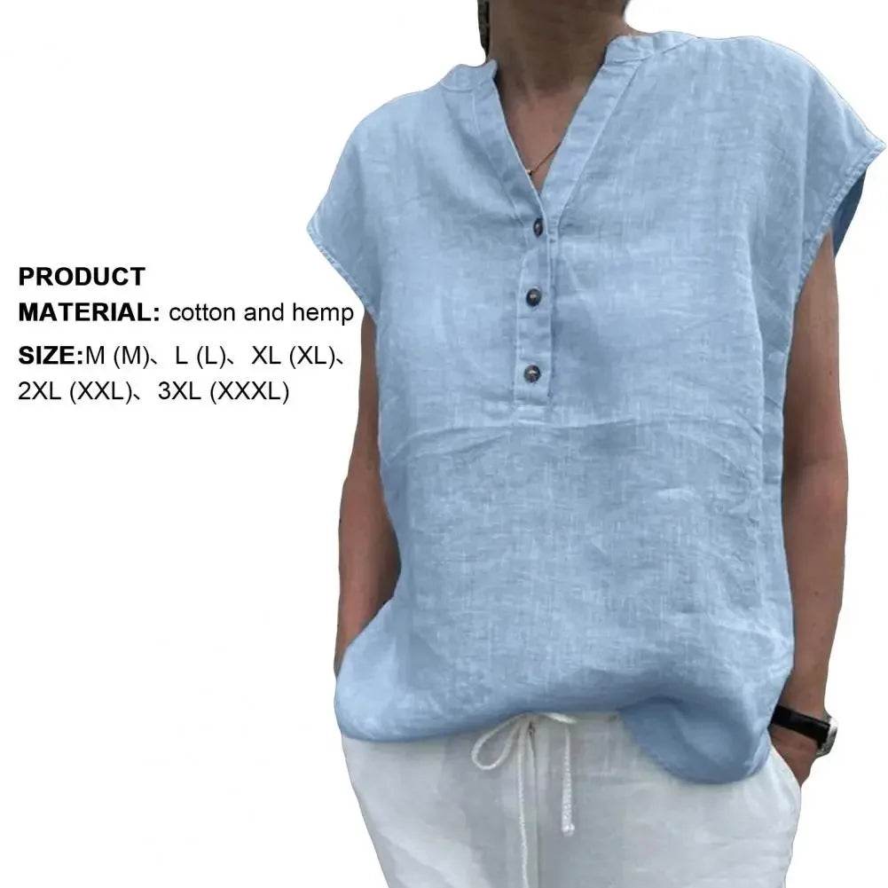 Women T-shirt Cotton Linen Summer Blouse Solid Color Simple Short Sleeve V Neck Quick Dry Daily Clothes Ropa Mujer Blusas - AIAZ