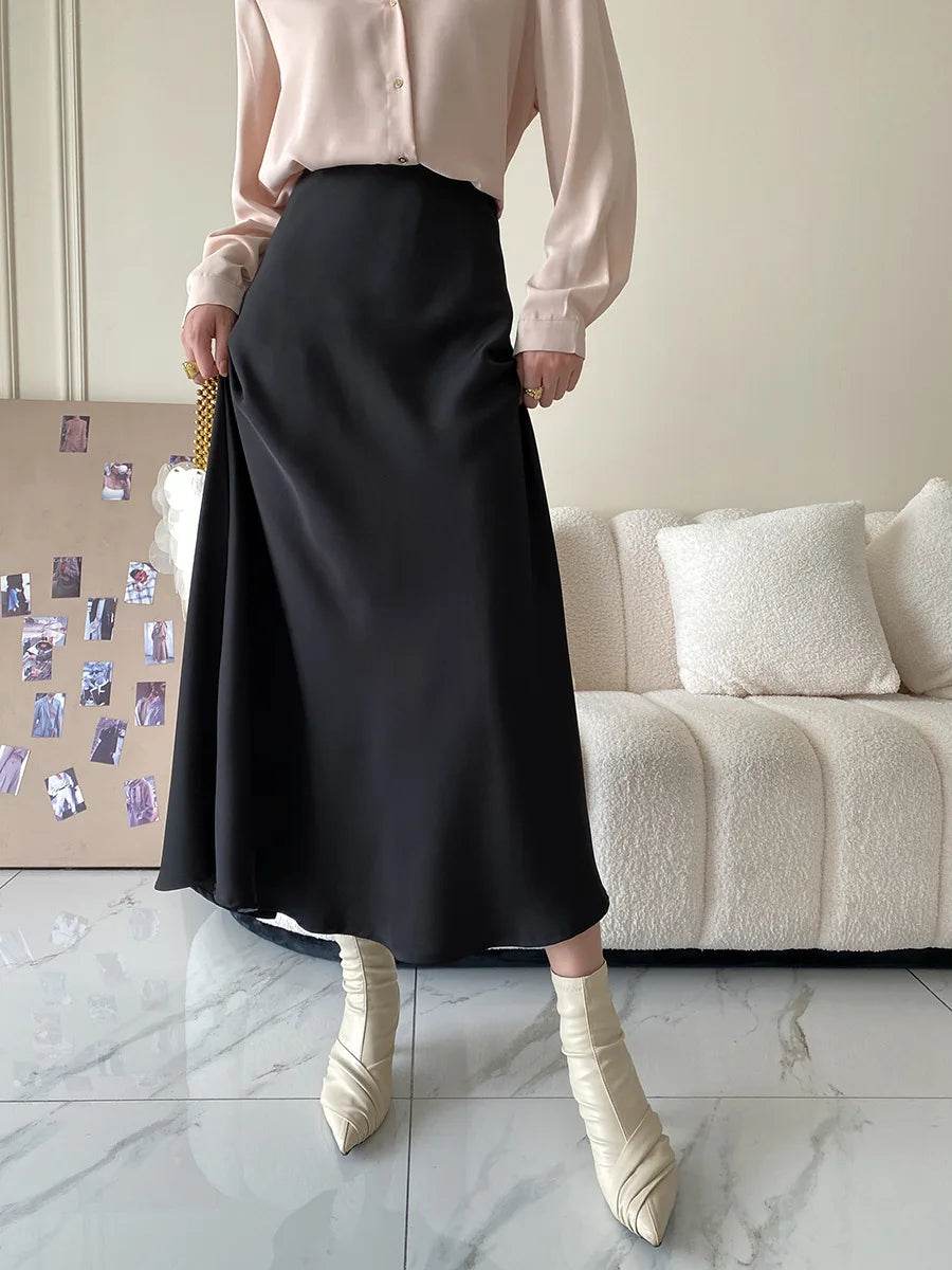 High Waisted Satin Long Skirts for Women Spring/Summer New 2025 Women's Skirt A-line Fashion Elegant Slim Fit Grey Black Skirt - AIAZ