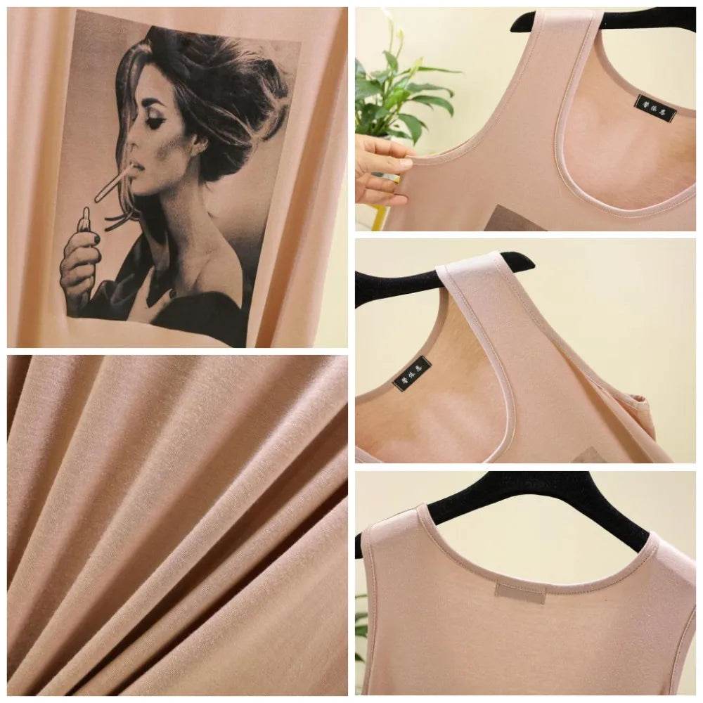 Women Long Tank Tops O-Neck Fashion Print Beauty's Head Casual Loose sleeveless T-shirt streetwear camis tops - AIAZ