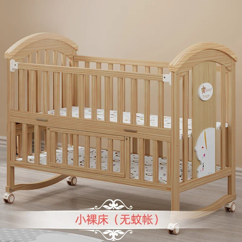 Baby Crib Multifunctional BB Baby Crib Solid Wood Unpainted Cradle Bed Movable Newborn Children Splicing Large Bed