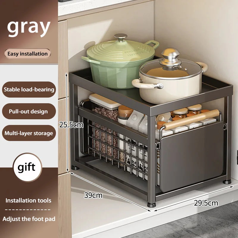 Under Sink Storage Rack Pull out Cabinet Organizer Kitchen Sliding Drawer Storage Basket Handle Bowl Plate Rack Holder Shelves