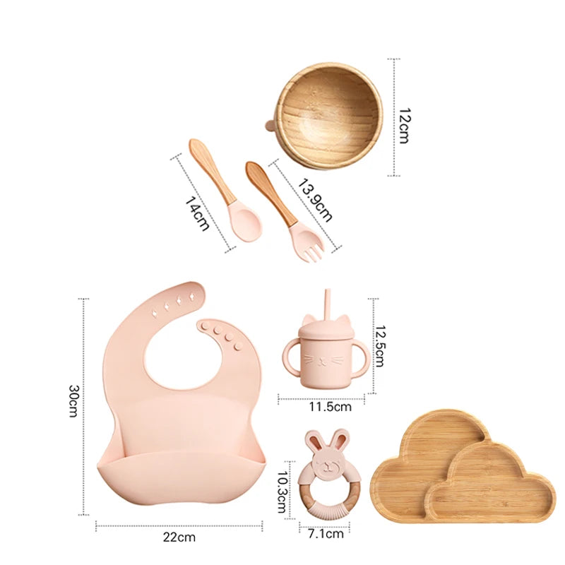 7pcs Silicone Baby Feeding Set Baby Feeding Supplies Kids Bamboo Dinnerware With Cup Children's Dishes Bowl Stuff Tableware Gift