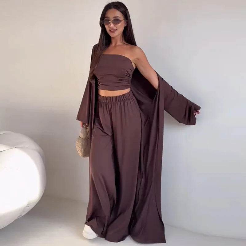 Pants Sets Women Solid Color Loose Long Cardigan Coat Tube Top High Waist Wide Leg Trousers Three Piece Set Casual Lady Suits - AIAZ