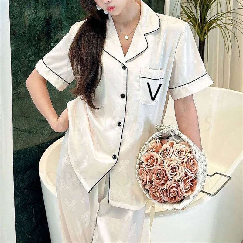 Summer Short Sleeve Pajamas Set Trouser Suits Women Sleepwear Elegant Pink Jacquard Butterfly Pyjama Pour Femme Satin Homewear - AIAZ