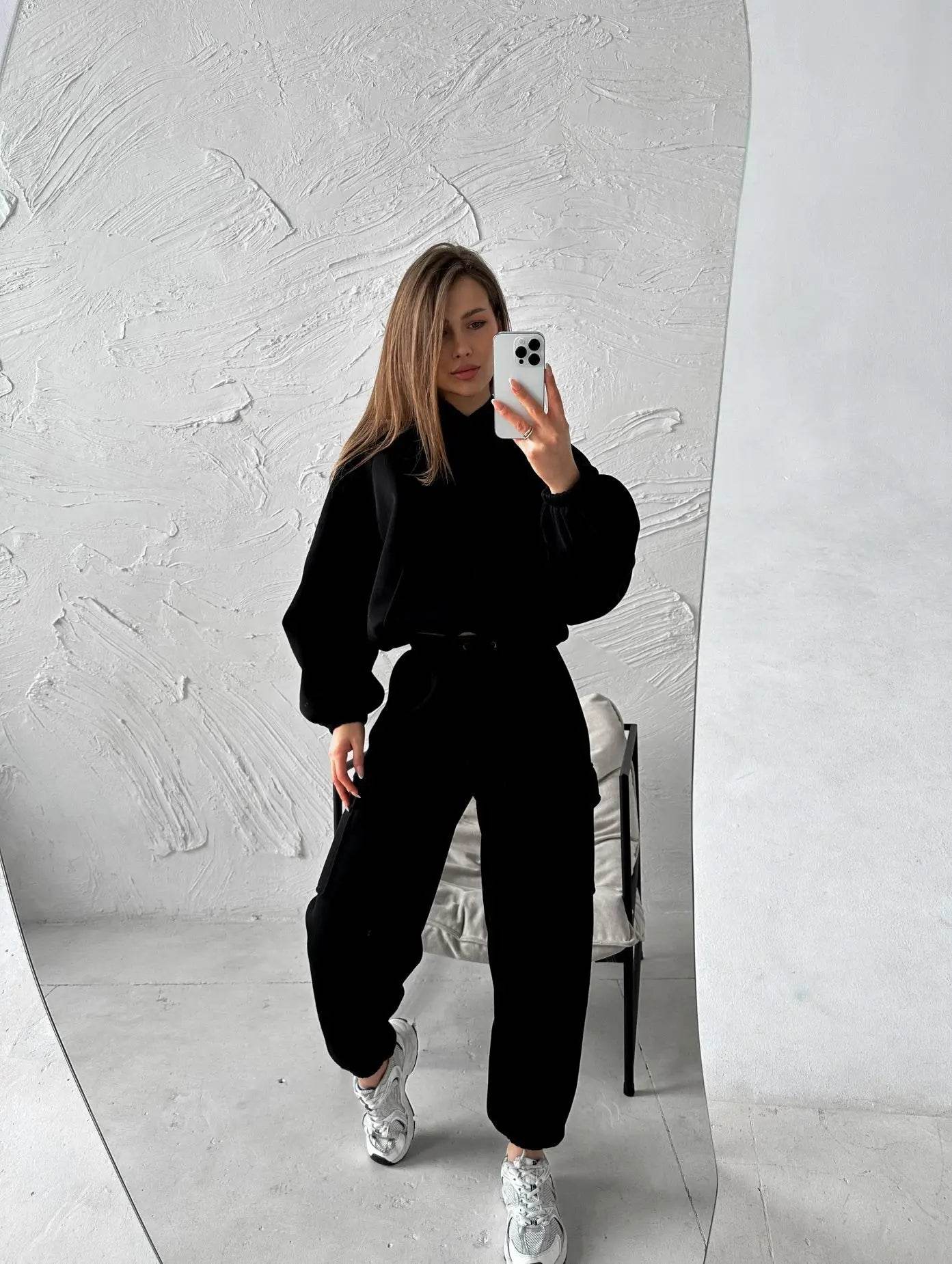 Hoodies Suit Winter Autumn Solid Casual Tracksuit Women Fleece 2 Pieces Set Sports Sweatshirts Pullover Jogger Sweatpants Outfit - AIAZ