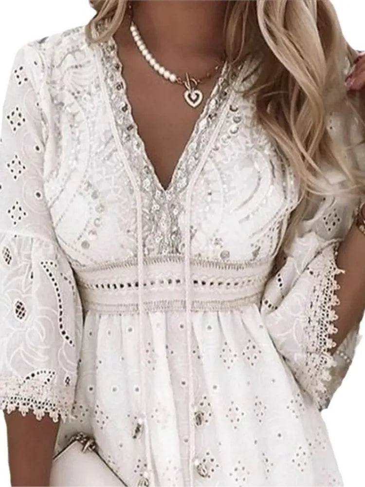 Elegant Women White Hollow Lace Mini Dress Summer V-neck Patchwork Lace Up Three Quarter Sleeve Ladies Vacation Beach Dresses - AIAZ