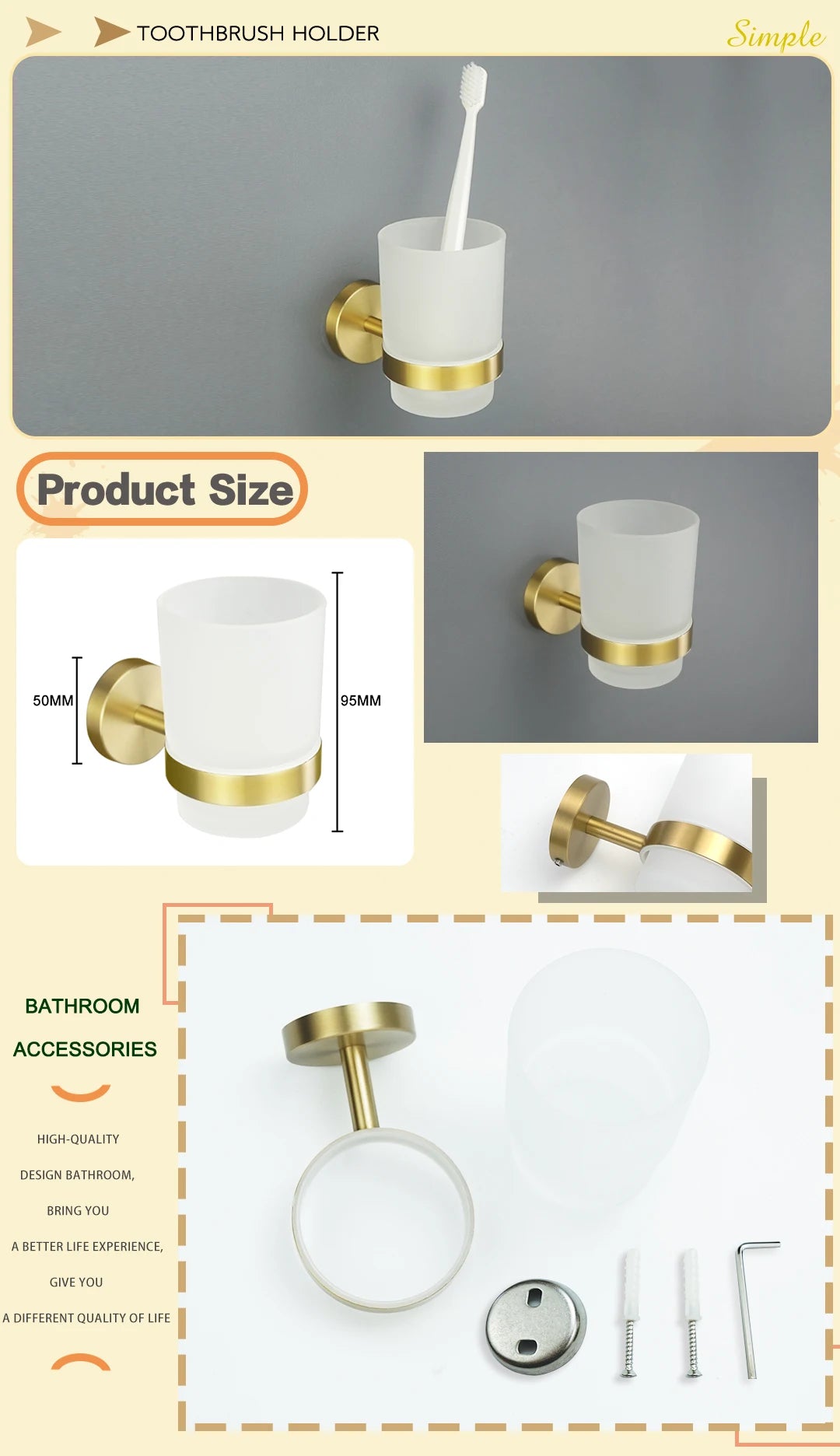 Brushed Gold Stainless Steel Wall Mount Towel Bar Towel Ring Paper Holder Bathrobe Hook Toilet Brush Bathroom Accessories