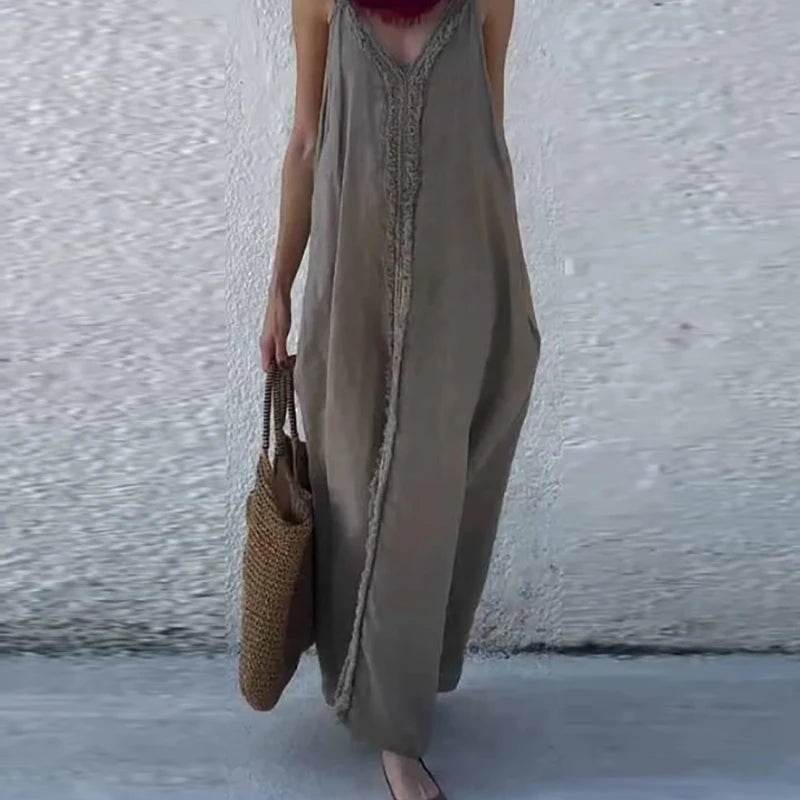 Woman Sexy V Neck Tassel Long Dresses Spring Solid Loose Boho Suspender Dress New Summer Sleeveless Vacation Maxi Dress Vestidos - AIAZ