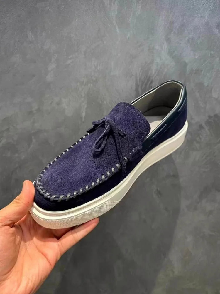 Fashion Mens Lace Up Slip On Loafers Thick Platform Real Suede Leather Business Casual Shoes Round Toe Comfortable Driving Shoes