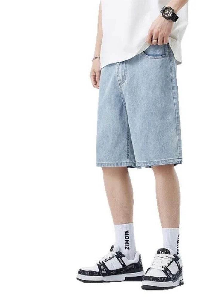 2025 Men's minimalist denim shorts with high-end washing technology from Europe and America, versatile basic five quarter pants - AIAZ