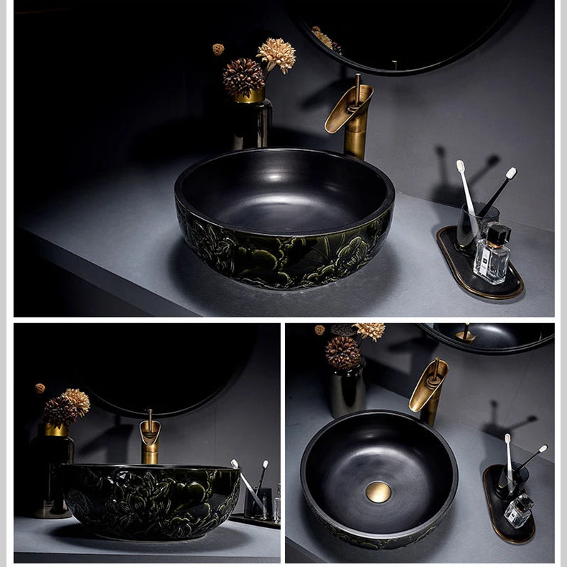 ZAPPO Round Vessel Sink with Faucet Drain JinDezhen Ceramic Vessel Sinks Oval Bathroom Sink Bowl Above Counter with Mixer Tap