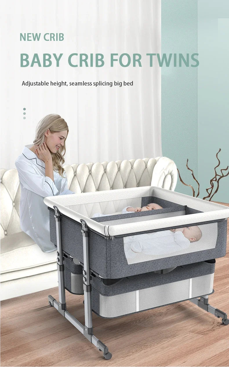 Twin Bassinet Portable Movable Newborn Crib Folding Height Adjustable Splicing Big Bed Baby Crib Baby Bed