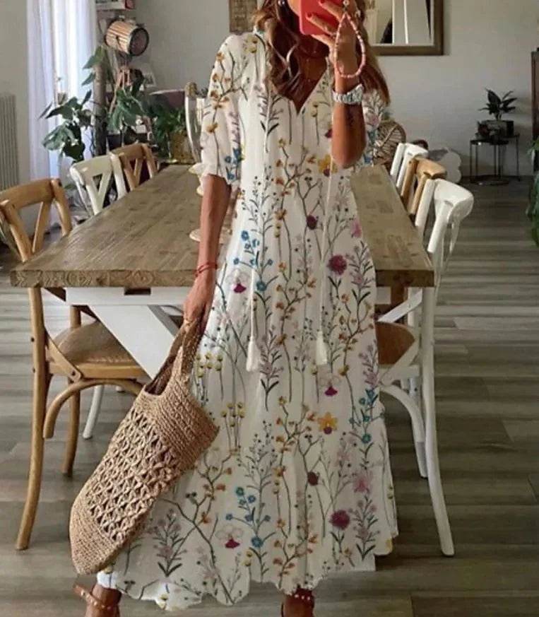 New Women's Spring Summer Dress Sexy V-neck Drawstring Printed Long-sleeved Dress Casual Loose Fashion Elegant Fresh Sweet Dress - AIAZ