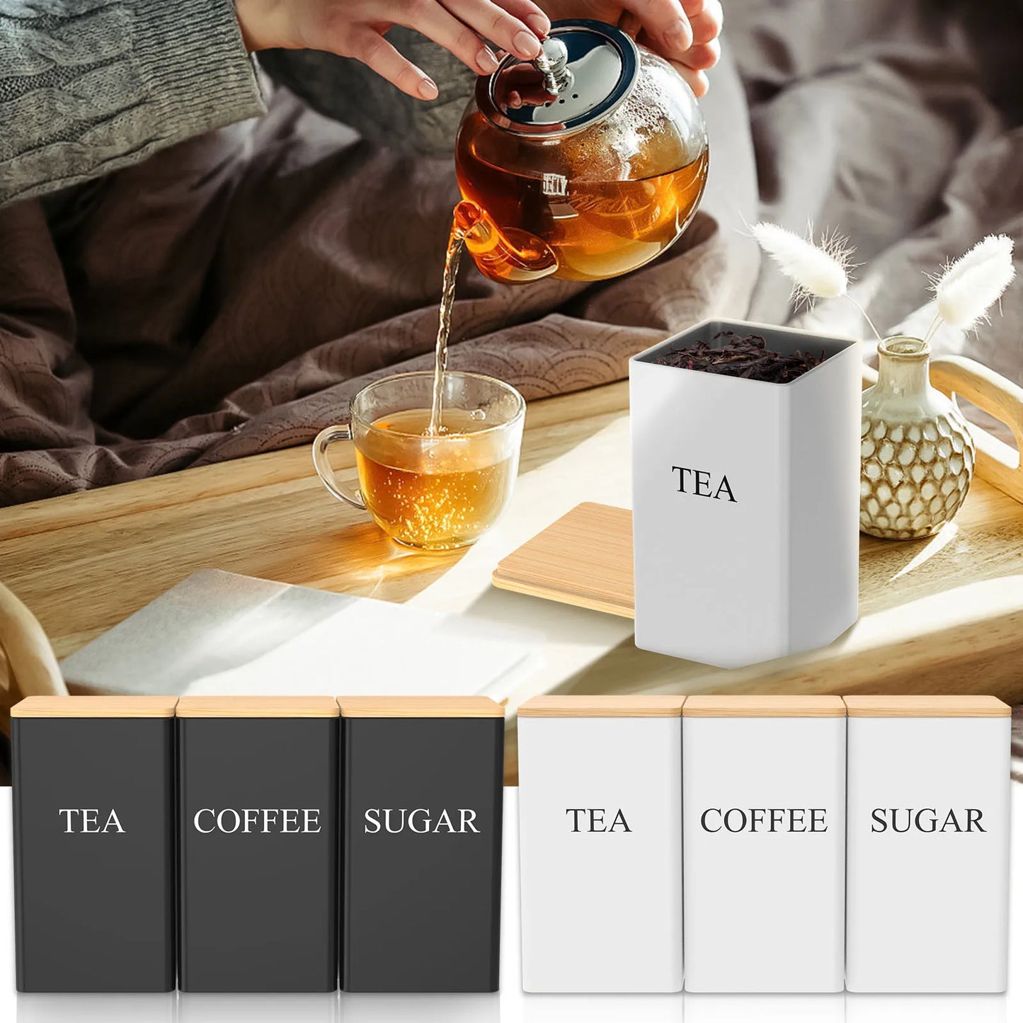 Coffee Bean Storage Jar Metal Coffee Tea Sugar Container Simple Style Sealed Storage with Bamboo Lid Tea Can Kitchen Supplies