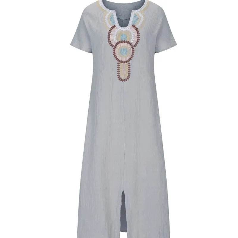 Boho Vintage Embroidered Cotton Linen Long Dresses Women Summer 2025 New V Neck Split Hem White Dress Beach Party Dress Robe - AIAZ