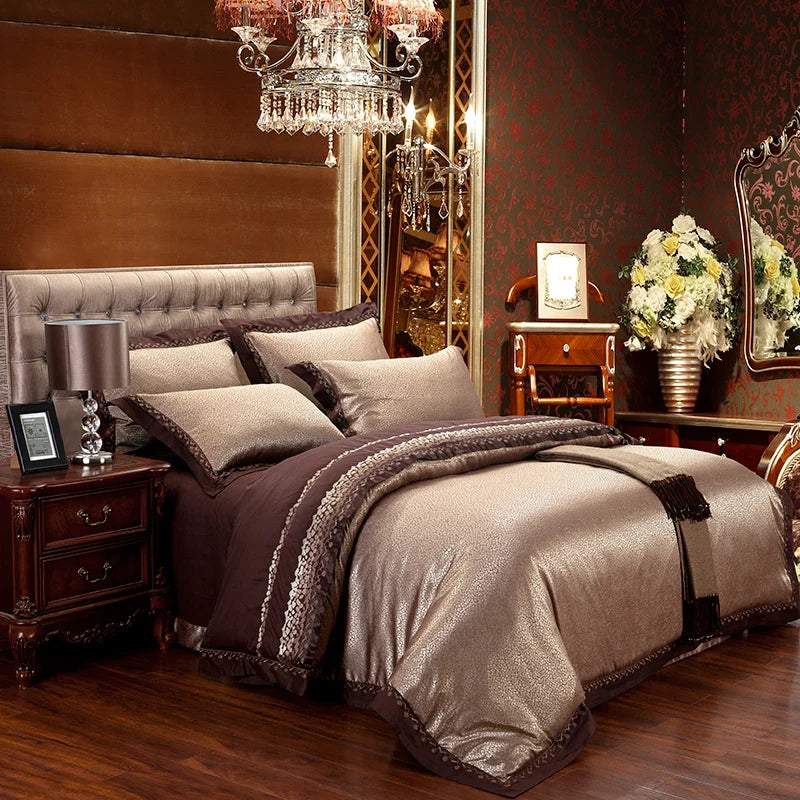Sliver Gold Luxury Silk Satin Jacquard duvet cover bedding set queen king size Embroidery bed set bed sheet/Fitted sheet set