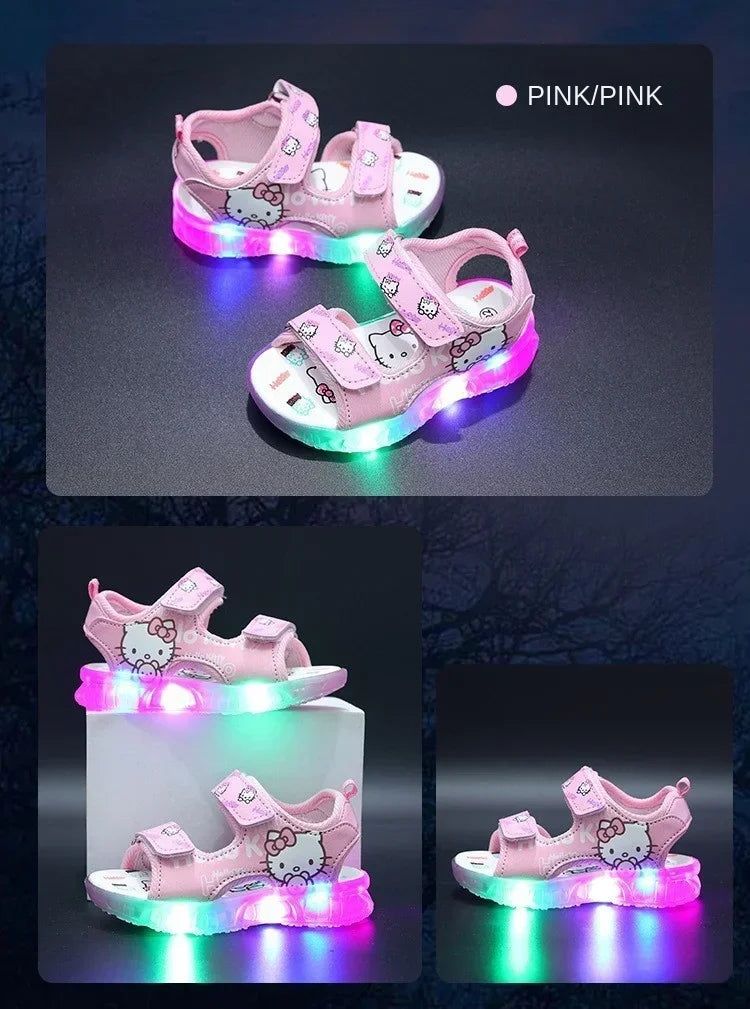 2024 Summer Baby LED Light Sandals For Girls Cute Hello Kitty Children's Casual Shoes Anti-slip Kids Beach Shoes Outdoor Shoes
