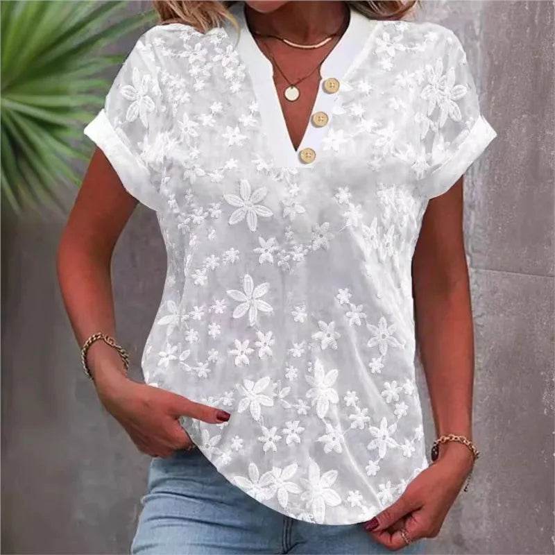 Blusa Mujer Tendencia 2025 Women Casual Short Sleeved Tight Fitting Top, Light Colored Top, V-neck, White 2025 Blusas Para Mujer - AIAZ