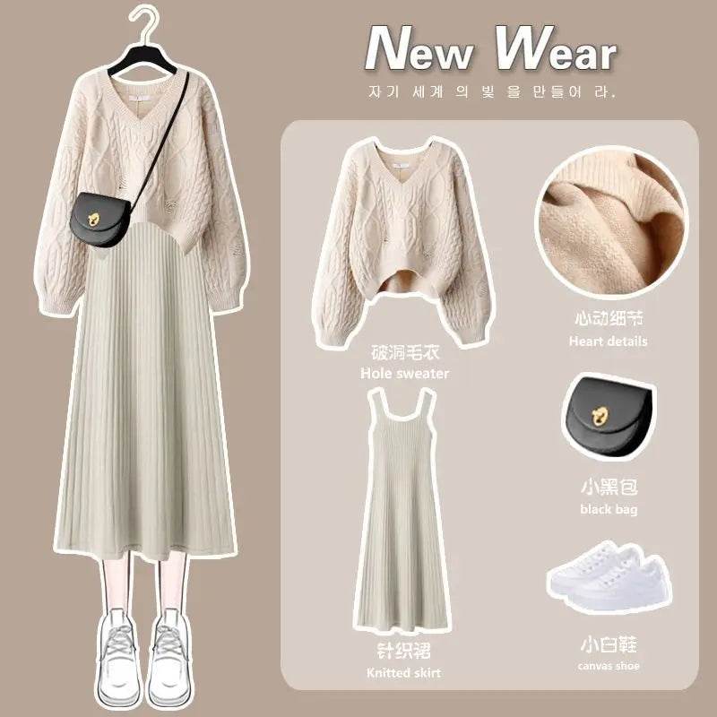 Women's Knitted Sweater Skirt Two Piece Set Women Slim Elegant Tops Female Sweater Dress Suits Lady Knitting Outfit - AIAZ