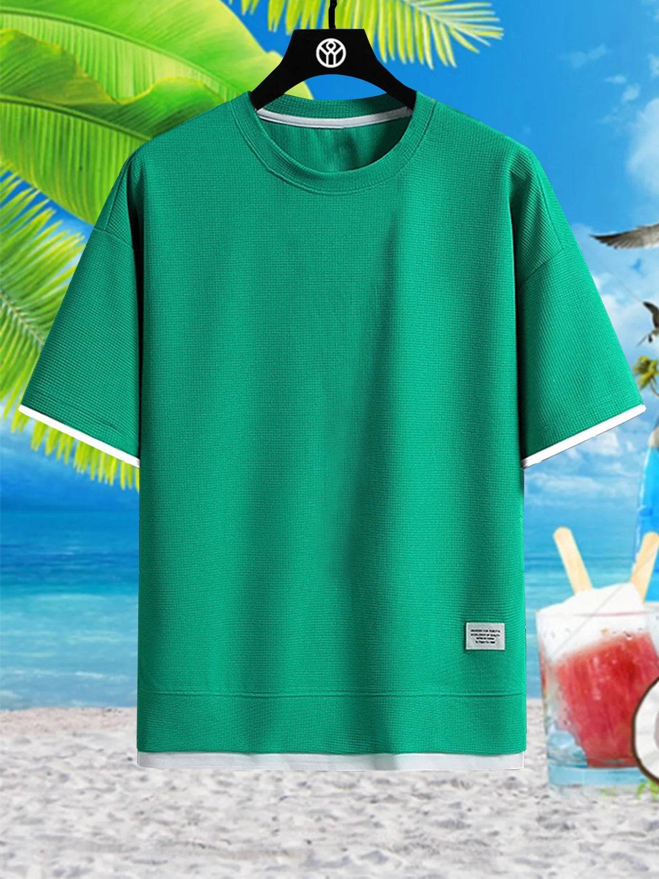 2025Men Summer Fashion Waffle Fake Two Pieces Top Short Sleeve T-shirt Male Comfortable Casual Breathable Quick DryTshirts Tee - AIAZ