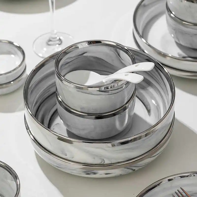 Light Luxury Ceramic Tableware Set Marble Fish Plates With Silver Rim Household Hotel LArge Capacity Soup Bowl Deep Plates