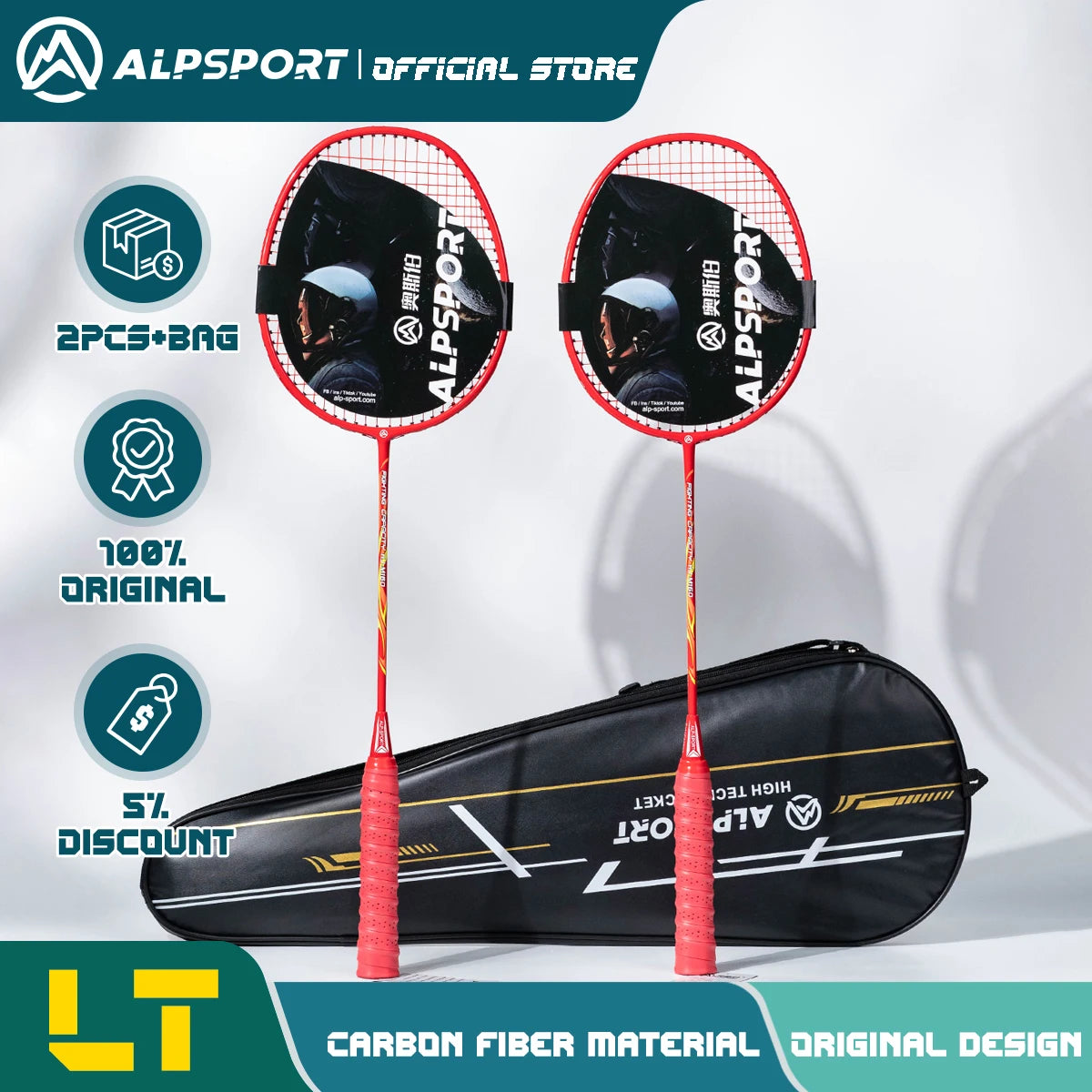 ALP LT 2Pcs/lot 100% Carbon Fiber Elastic 4U 30Lbs Racket Offensive and Defensive Professional Badminton Racket With Bag
