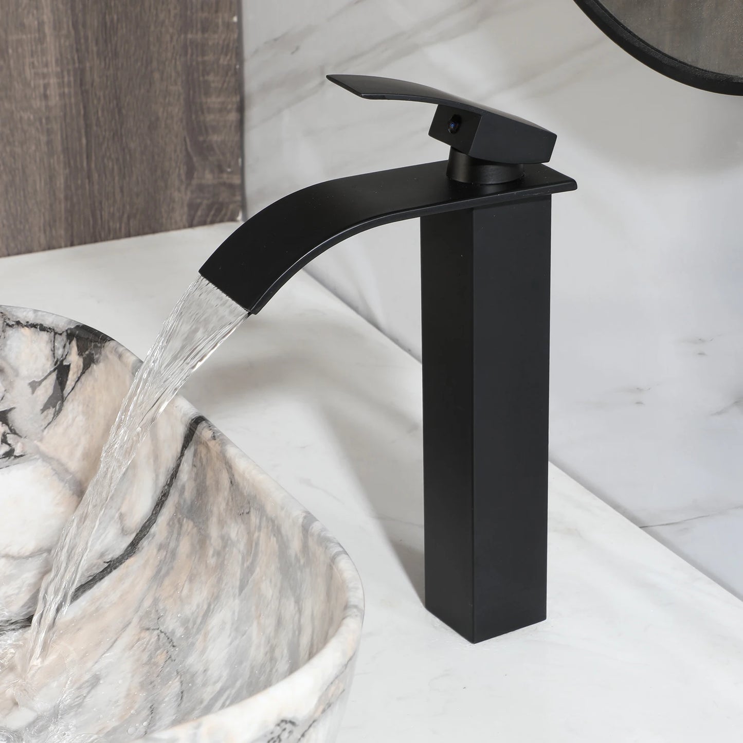 JIENI Bathroom Marble Style Vessel Sink Set Square Ceramic Basin Bowl Sink Black Faucets High-end European Modern Washbasin