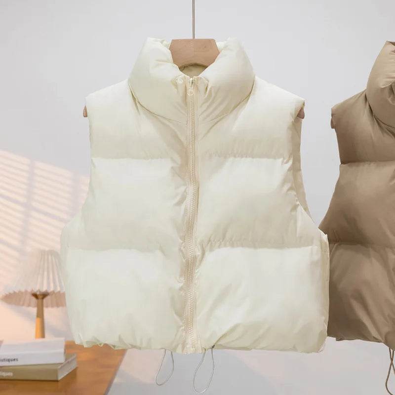 Elegant Chic Vests Fashionable Sleeveless Stand Collar Zipper Basic Autumn Winter Jacket Thick Warm Casual Women Vest Jacket ﻿ - AIAZ