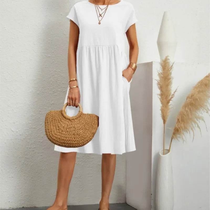 Women's Dresses 2025 Summer Fashion Casual Dresses Women Loose Mid Length Over Knee Dress New Short Sleeve Solid Dress Woman - AIAZ