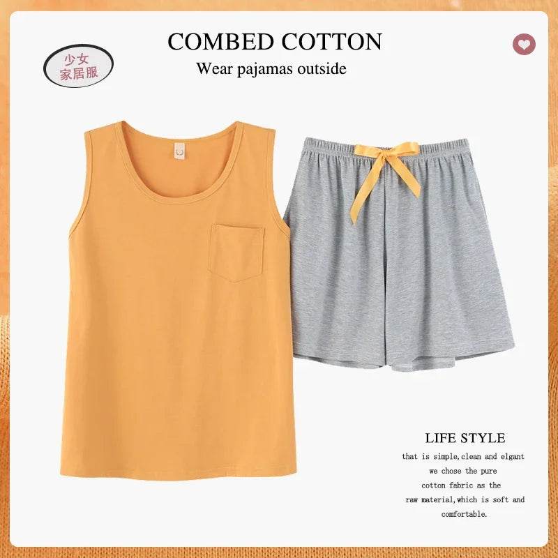 New women's pajamas set summer Cotton solid color top print shorts sleepwear Korean kawaii home clothes pijama two piece set - AIAZ