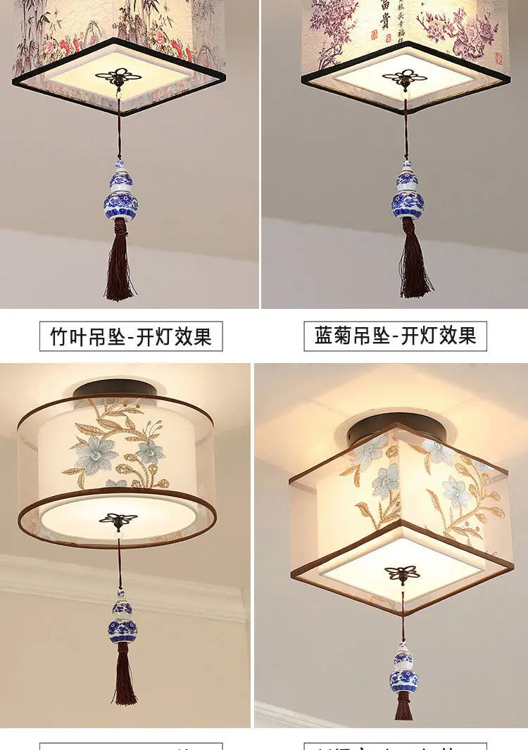 New Chinese Chandelier Lustre Ceiling Lamp Simple Corridor Chinese Painting Ceiling Lights Creative Suspendu Lotus Led Lighting
