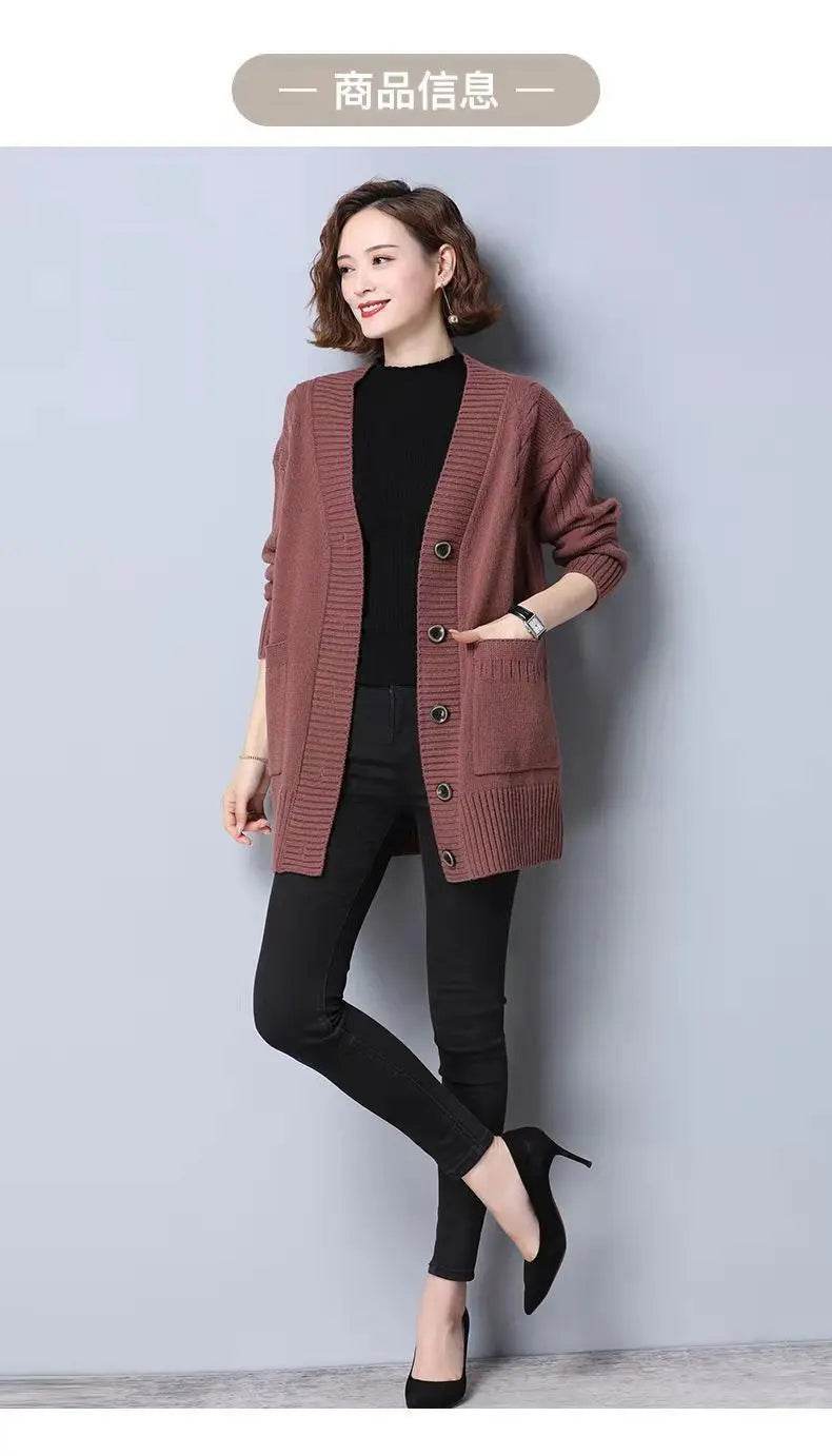 Knitted cardigan women's mid length westernized top autumn and winter new Korean version loose sweater age reducing jacket women - AIAZ